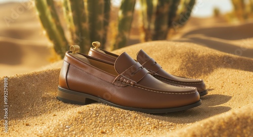 Leather loafers rest on sand, cactus blurred in the background, warm, golden tones