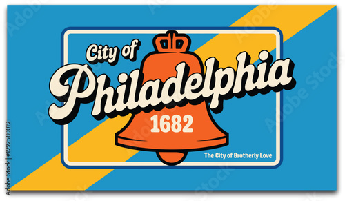 Philadelphia USA vintage travel poster illustration, retro tin plaque sticker with Liberty Bell symbol for tourism and souvenir postcard design.