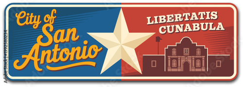 San Antonio USA vintage travel poster illustration, retro tin plaque sticker with American flag star symbol for tourism and souvenir postcard design.