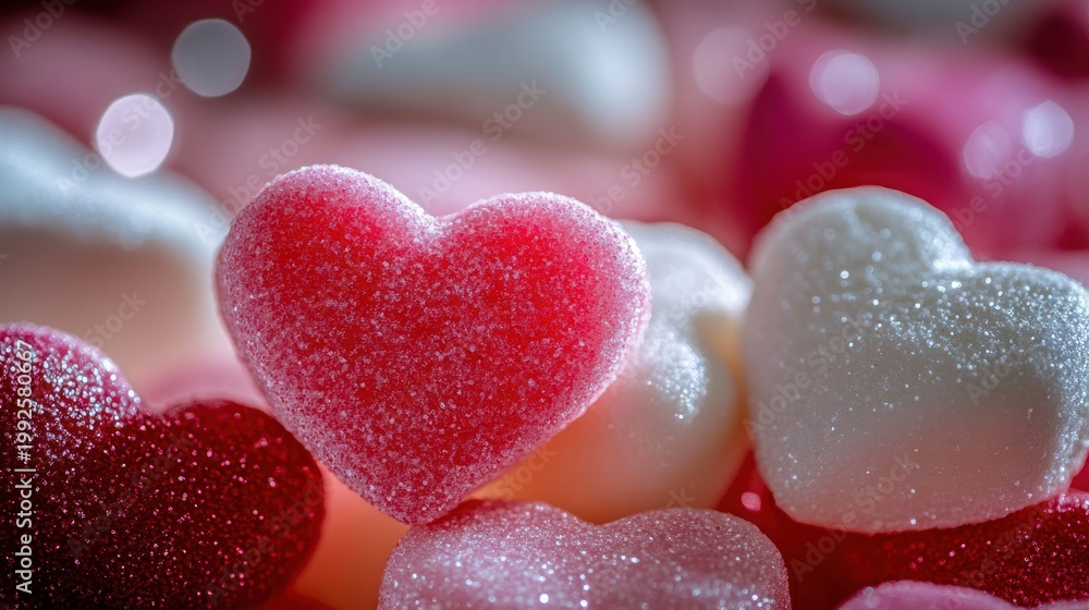 Obraz premium Close-up of various sugared heart candies; red, pink and white, soft focus