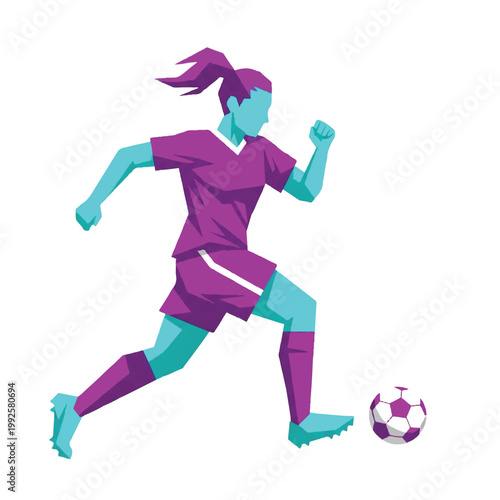A female soccer player in a dynamic running pose with the ball, sharp geometric shapes, minimalist aesthetic with limited purple and cyan palette, minimalist flat vector artwork, clipart style,