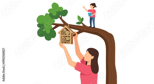 Girl planting a tree on Earth Day with birdhouse in a colorful illustration