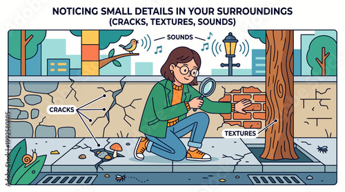 Woman practicing mindfulness by observing small cracks, textures, and sounds in her surroundings