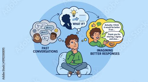 Young man sitting and reflecting on past conversations while imagining better responses