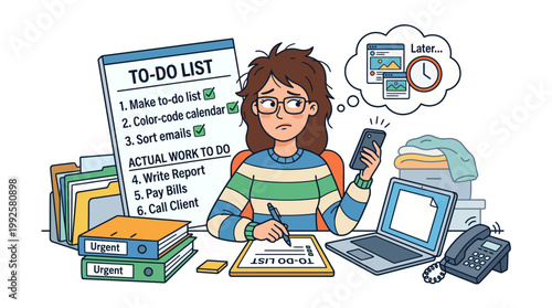 Stressed woman organizing a detailed to-do list while procrastinating on actually doing the work