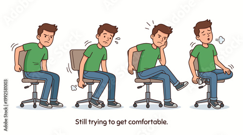 Cartoon illustration of a man constantly adjusting his sitting position to find comfort in an office chair