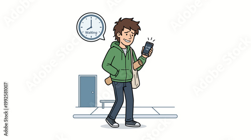 Cartoon illustration of a young man arriving early and waiting awkwardly while checking his phone