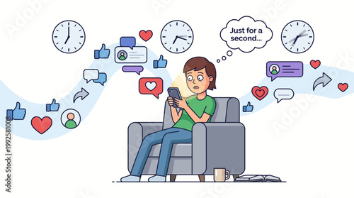 Cartoon illustration of a man checking social media for just a second and losing track of time while doomscrolling
