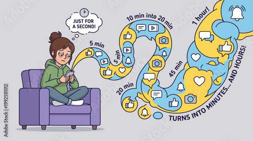 Cartoon illustration of a tired woman on a sofa addicted to social media scrolling as minutes turn into hours