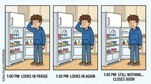 Cartoon comic strip of a man repeatedly checking an open refrigerator for food with no results