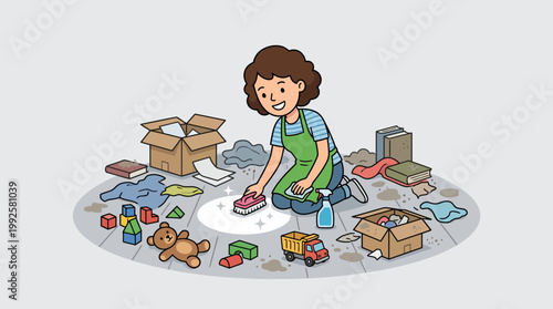 Woman cleaning a small spot while ignoring a surrounding mess