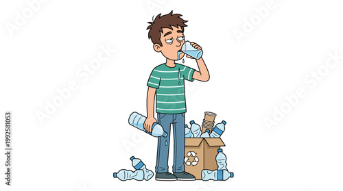 Tired man drinking water absentmindedly without realizing the accumulation of plastic waste