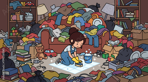 Woman cleaning a small floor patch amidst a room full of overwhelming clutter