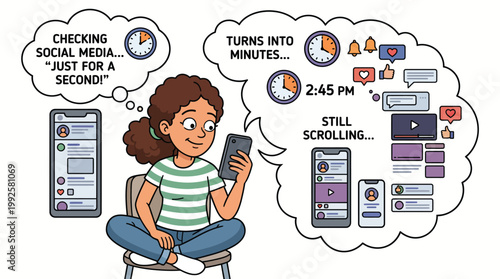 Cartoon illustration of a woman losing track of time while scrolling on a smartphone social media app