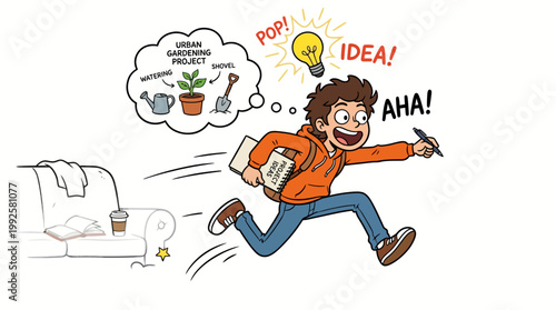 Enthusiastic young man running from his couch to immediately act on a sudden urban gardening idea