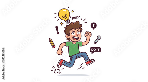 Enthusiastic young man running to act on a sudden creative idea with light bulb popping