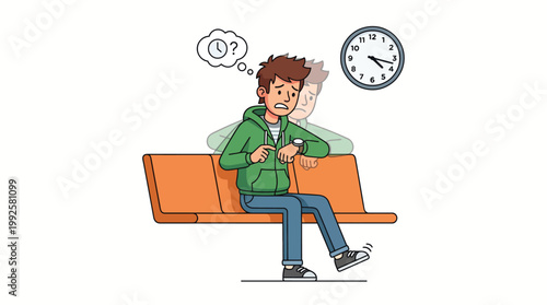 Anxious young man frequently checking his wristwatch and wall clock while waiting