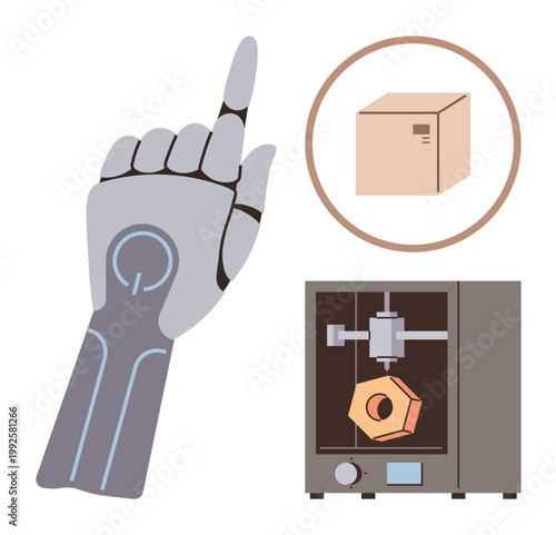 Robotics, automation, 3D printing, manufacturing, logistics, technology. A robotic hand gestures near a 3D printer and package box. Robotics and automation in advanced manufacturing and logistics