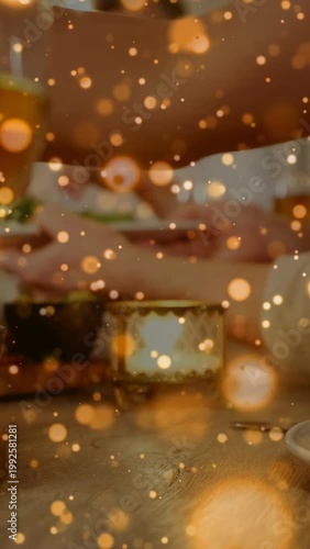 Vertical video: Adults passing plates, hands reaching sharing meal on dining table while gold bokeh