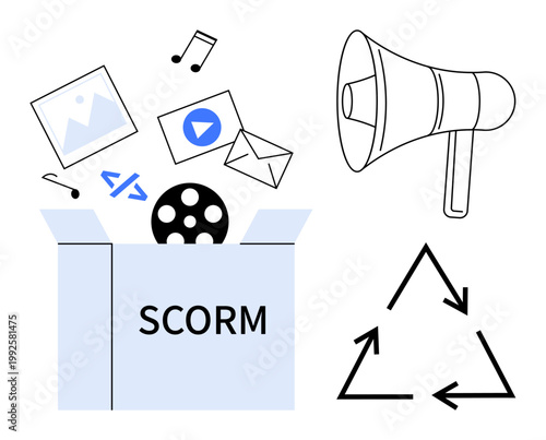 E-learning, content sharing, SCORM compliance, media assets, online training, communication tools. Box labeled SCORM filled with media icons, megaphone recycling symbol. E-learning and content