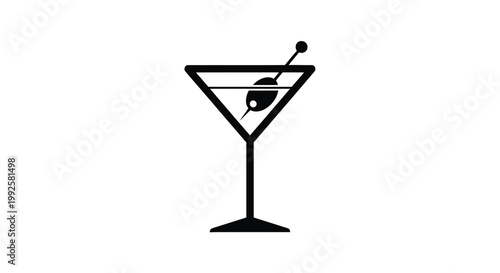 Minimalist vector graphic illustration of a martini glass containing a single olive on a toothpick designed for modern bar menu branding or professional cocktail signage