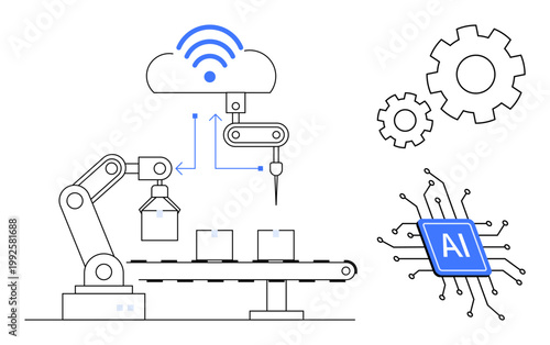Smart factories, industrial automation, IoT, AI technology, machine learning, robotics. A robotic arm with conveyor, cogwheels wireless cloud and AI chip connection. Industrial automation and IoT