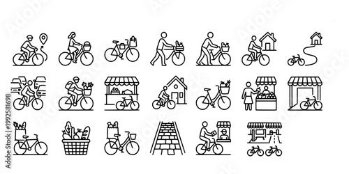 icon set collection of people riding bicycles with groceries, shopping baskets, and commuting to stores or home in an urban setting.
