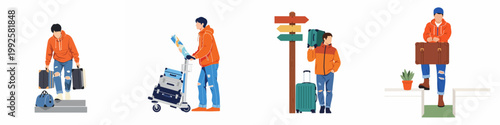 Set of four flat illustrations of a young male traveler carrying luggage, using an airport trolley, and looking at a map.