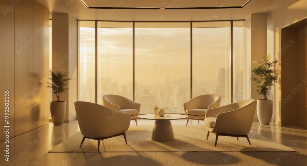 Fototapeta premium Luxury office interior with a cityscape view, four chairs and coffee table. Warm lighting and plants