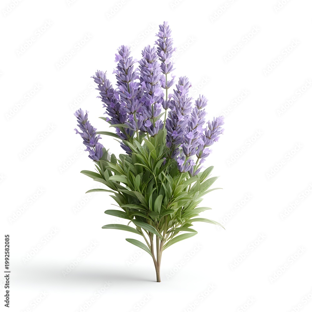 Obraz premium Beautiful Purple Lavender Flowers Arrangement in Green Leaves Isolated on White Background