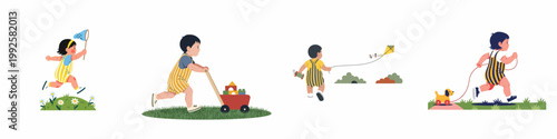 Collection of flat illustrations showing young children playing outdoors with a butterfly net, toy wagon, kite, and wooden pull toy in the grass.