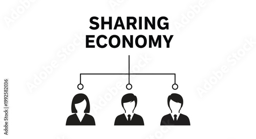 This vector illustration clearly depicts the sharing economy concept, showing a network of diverse business professionals connected, representing collaborative economic models.