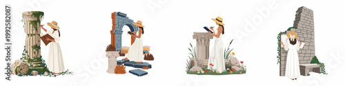Minimalist illustrations of a woman in a white dress sketching ancient architectural ruins, columns, and arches on a white background.