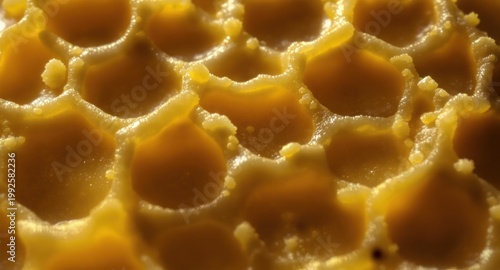 Macro close-up of waxy, honeycomb-like structure. Detailed and textured, bright yellow-orange