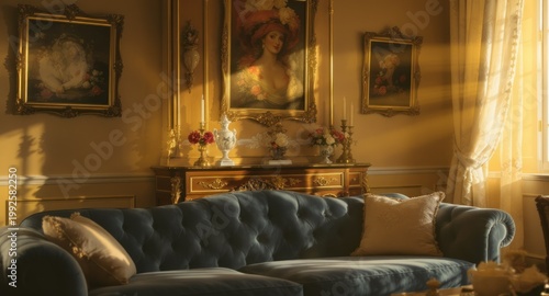 Luxurious living room with antique furnishings, paintings, and soft natural light