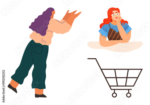 Shopping decisions, retail behavior, e-commerce marketing, consumer habits, offline purchases, shopping interaction. One person holding items, another contemplating purchase near a cart. Shopping