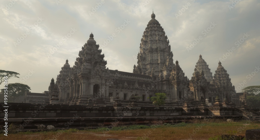 Fototapeta premium Majestic ancient temple complex under overcast skies, showcasing detailed architecture