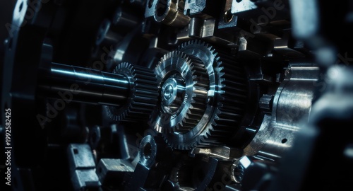 Macro shot of intricate mechanical gears, shafts, and other metallic components