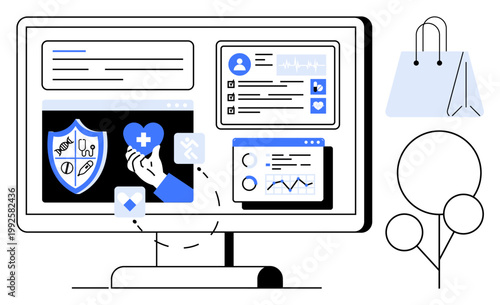 Healthcare technology, online services, data protection, ecommerce, security, analytics. Desktop screen showing medical icons, charts security shield and shopping bag. Healthcare technology
