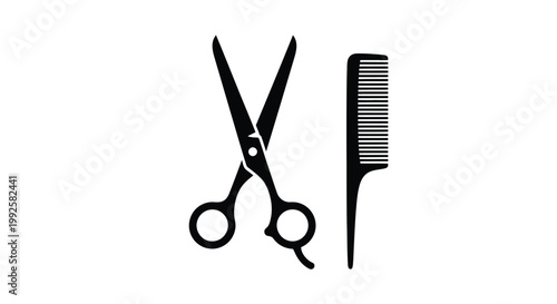 Professional barber scissors and hair styling comb vector graphic illustration showing essential salon equipment for cutting and grooming hair in a clean minimalist black silhouette style