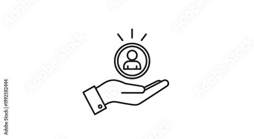 A vector graphic illustration depicting a stylized hand presenting a glowing user icon, symbolizing customer care, service, and valuable human resources support within a business context.