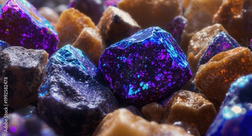 Macro shot of colorful, glowing mineral stones, displaying varying colors & textures
