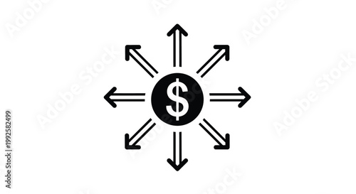 Minimalist vector graphic illustration featuring a black dollar sign currency icon with radiating arrows pointing in multiple directions to represent broad financial expansion and growth concepts