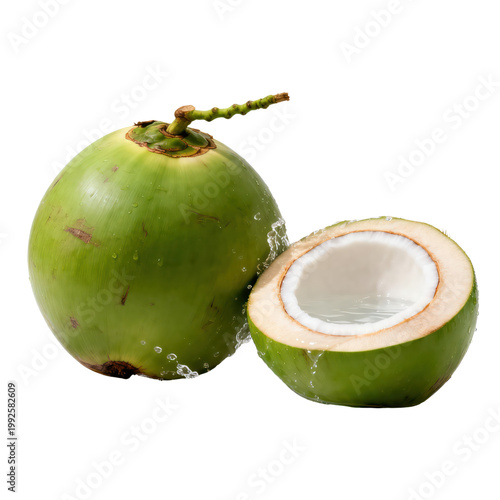Fresh Green Coconut with Water Splash Isolated on Transparent Background, Generative AI