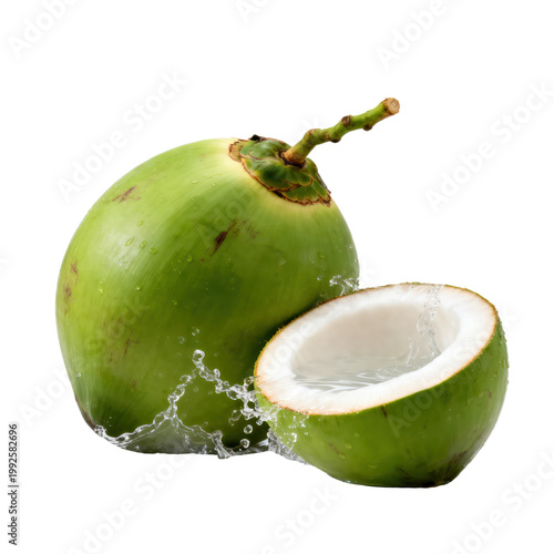 Fresh Green Coconut with Water Splash Isolated on Transparent Background, Generative AI