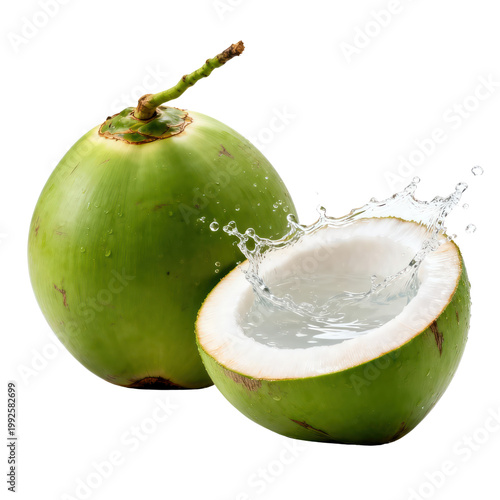 Fresh Green Coconut with Water Splash Isolated on Transparent Background, Generative AI