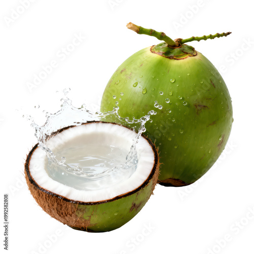 Fresh Green Coconut with Water Splash Isolated on Transparent Background, Generative AI