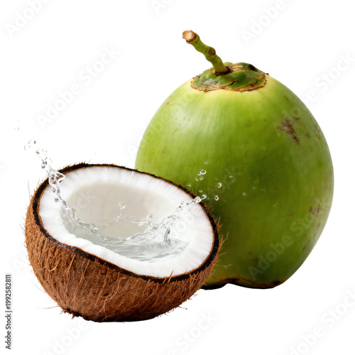 Fresh Green Coconut with Water Splash Isolated on Transparent Background, Generative AI