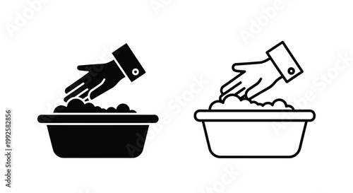 Professional vector illustration of a human hand washing clothing items in a soapy basin representing domestic chores and hygiene maintenance within this simple icon set