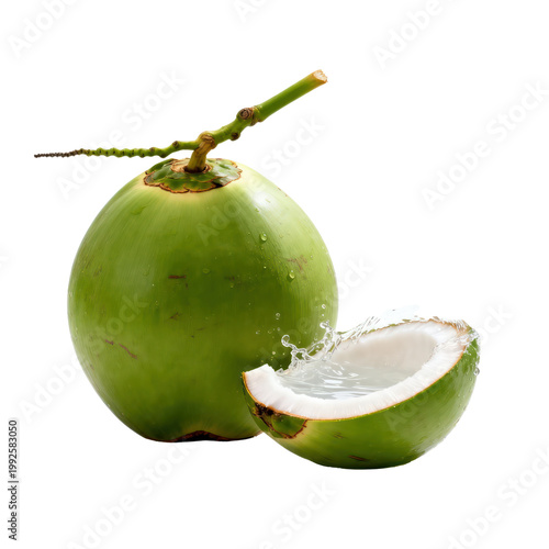 Fresh Green Coconut with Water Splash Isolated on Transparent Background, Generative AI
